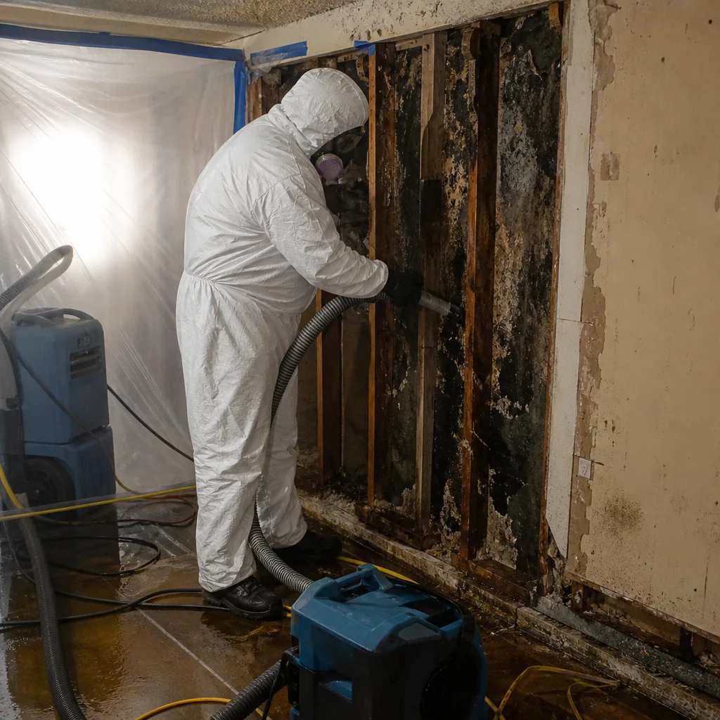 Professional technician in protective gear performing professional mold remediation services