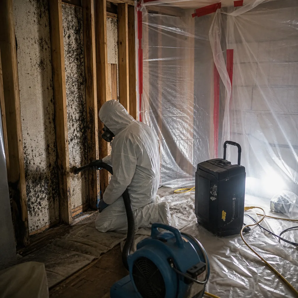 Technician in hazmat suit performing professional mold remediation on interior walls.