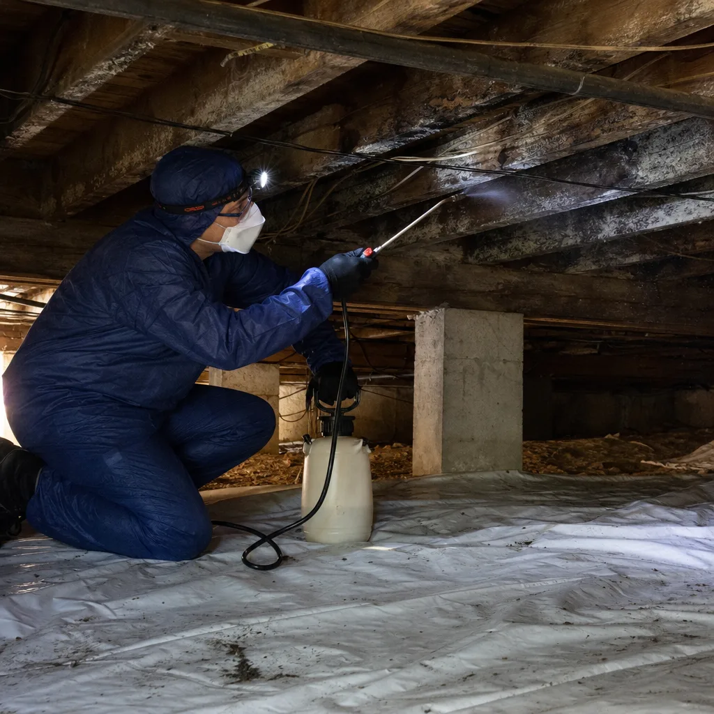 Technician in protective gear performing professional mold remediation on crawlspace joists