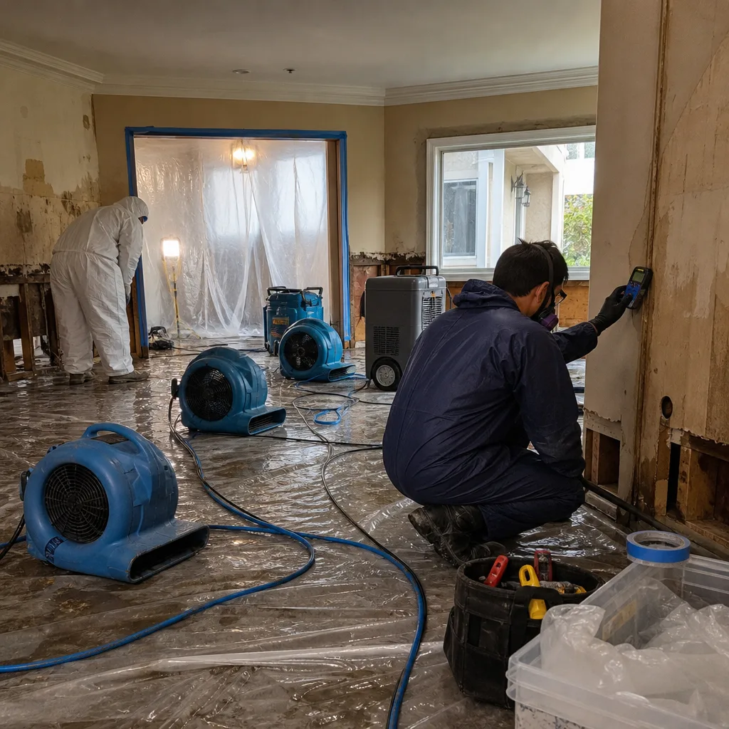 Restoration technicians using moisture meters and industrial fans for storm damage repair