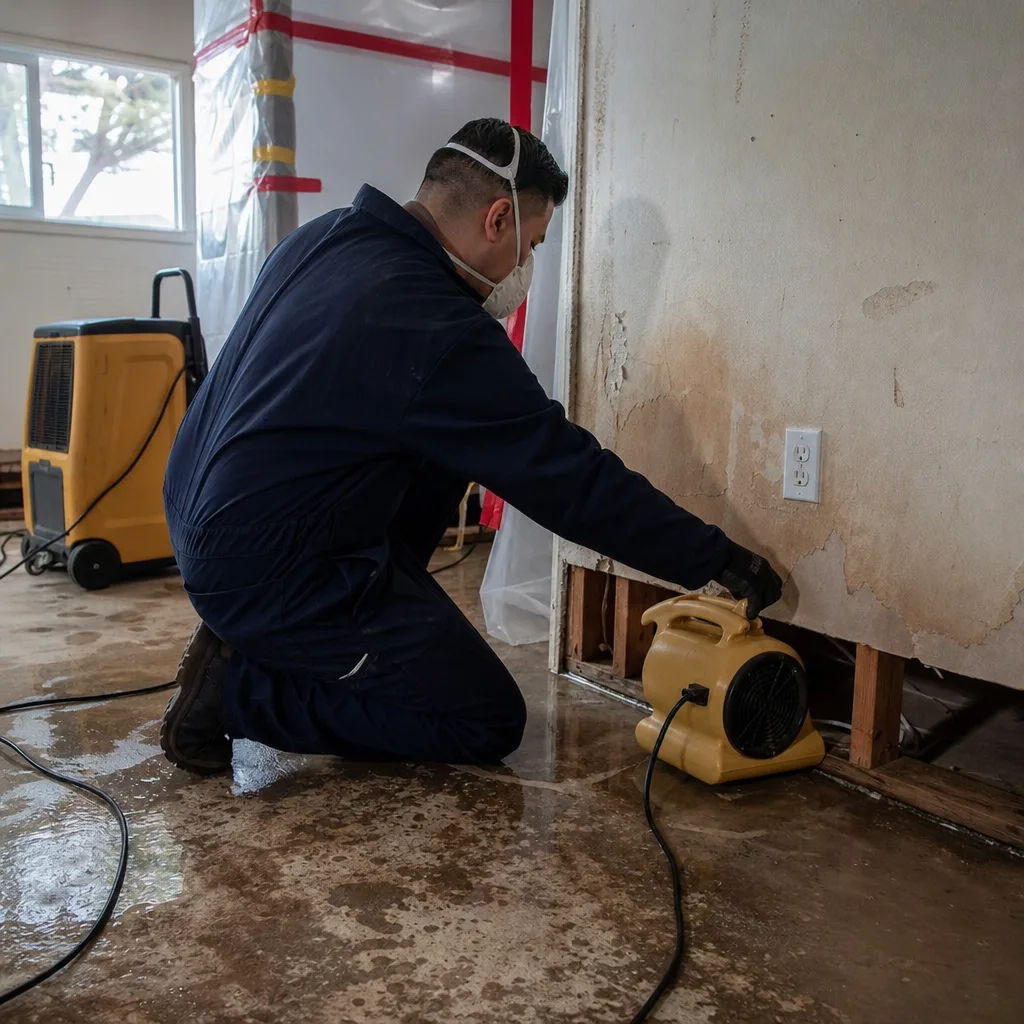 Technician using industrial drying equipment for storm and water damage restoration