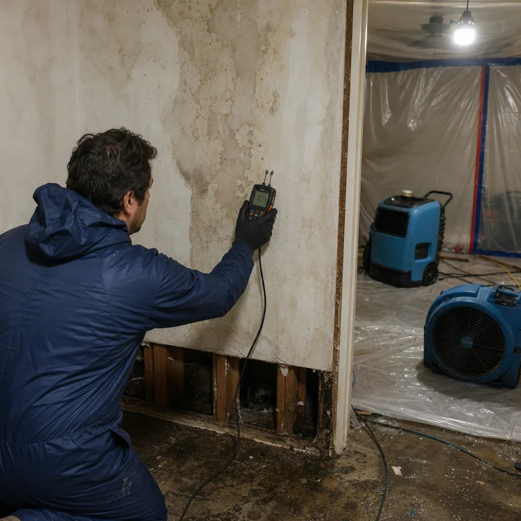 Technician checking moisture levels on a damaged wall during flood restoration.