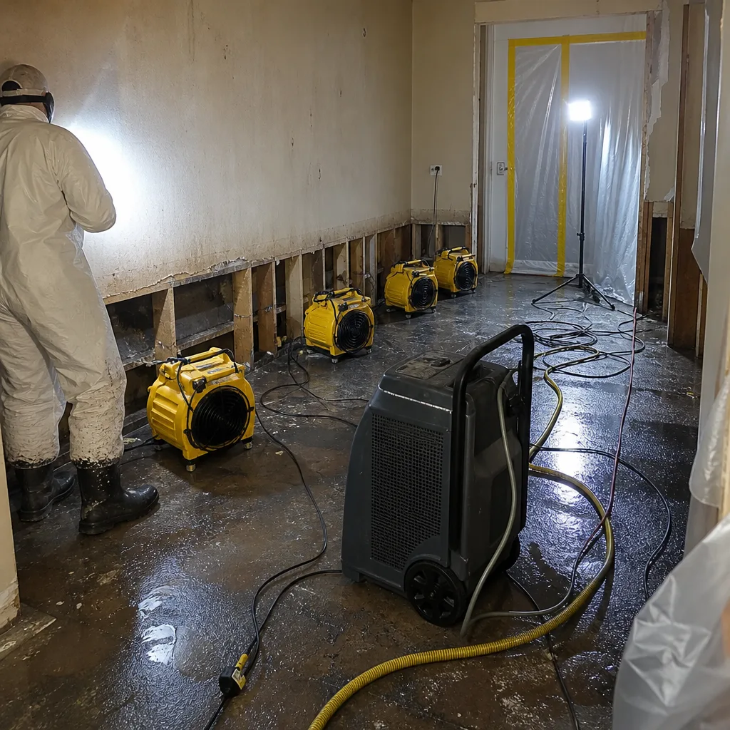 Water damage restoration professional using industrial drying equipment in a flooded room.