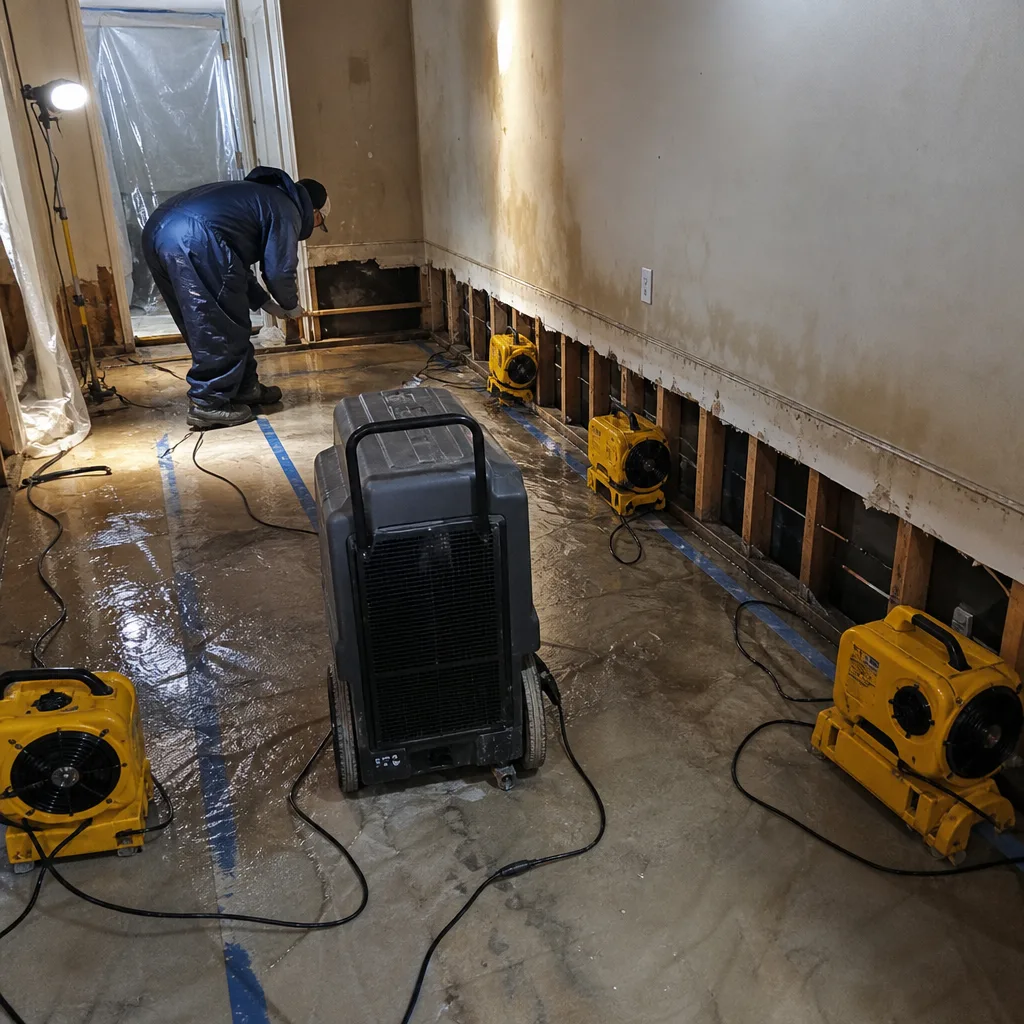 Water damage restoration technician using industrial drying equipment in a residential room