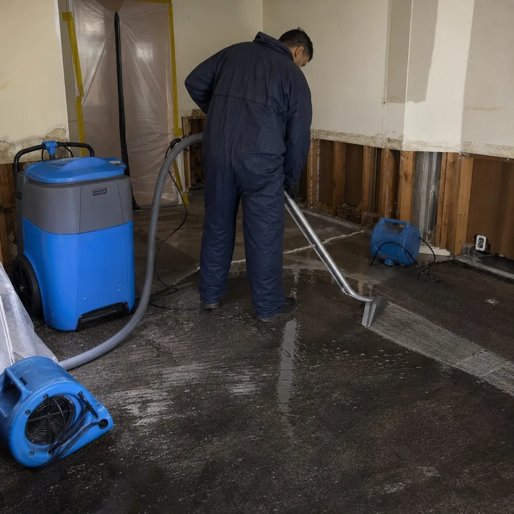 Technician using industrial water extraction machine for flood damage restoration.